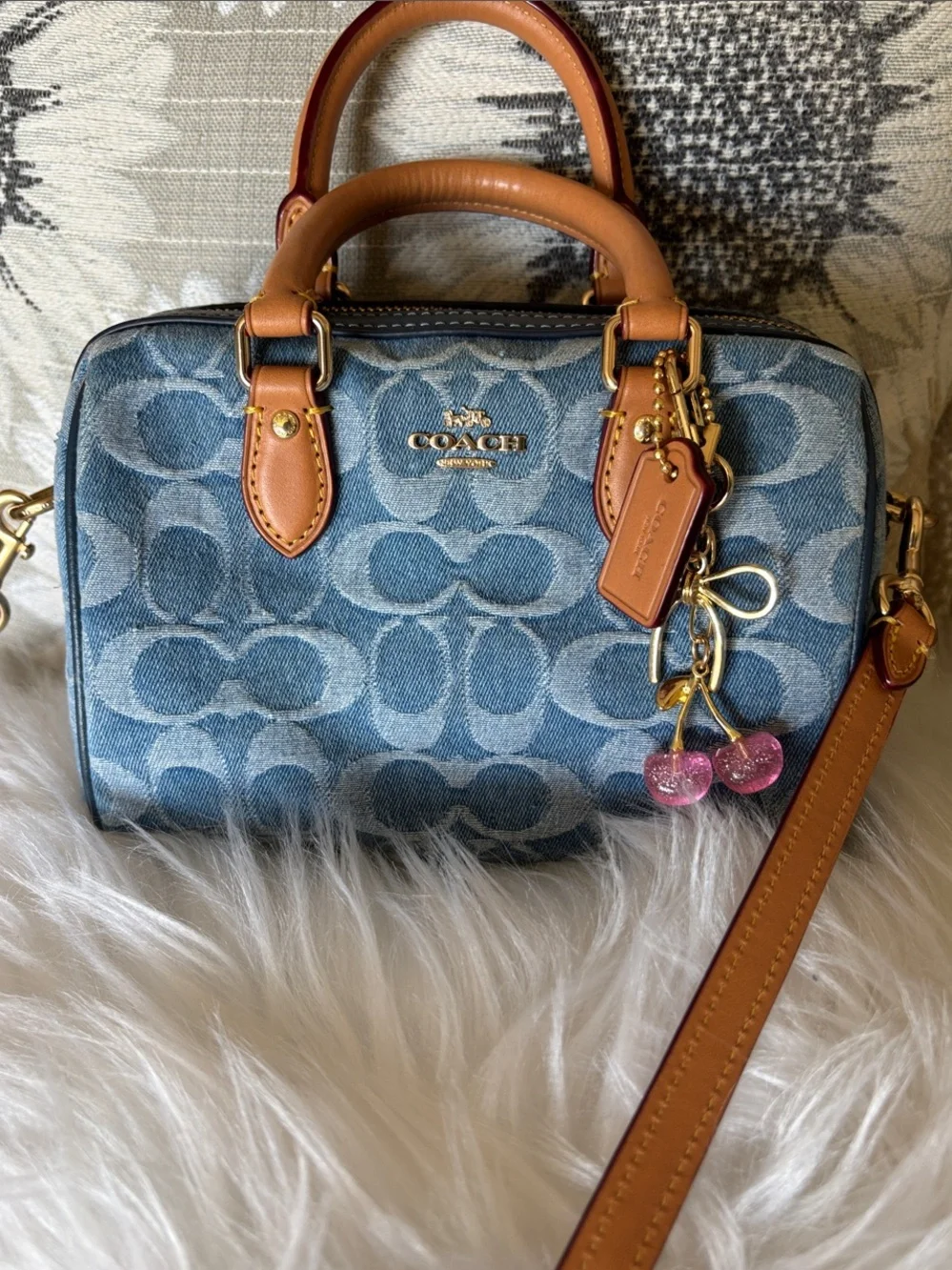 Coach Denim Signature Mini Satchel with Tan Leather Trim and Pink Charm - Picture 1 of 1